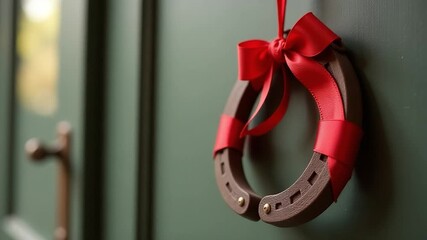 Video A horse shoe hangs from a green door, a rustic touch in a cozy home