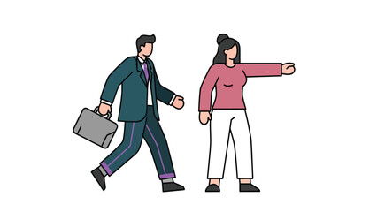 Business direction illustration. A man in a suit walking with a briefcase and a woman pointing the way forward. Corporate guidance and partnership.