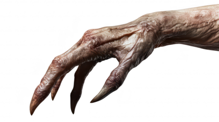 A close-up view of a gnarled. elongated hand with sharp claws. intricate textures and age. set against a plain background. evoking a sense of horror or fantasy