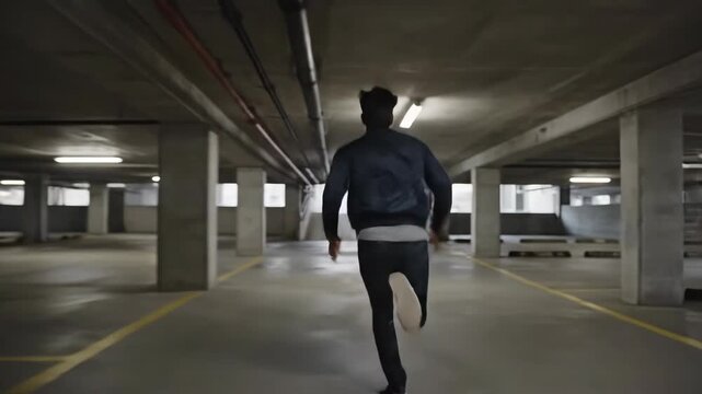 Man Running Away in an Empty Parking Garage During Daytime