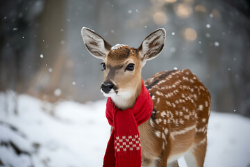 A cute fawn wearing a festive red scarf stands in a snowy forest with gentle snowflakes falling