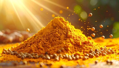 Turmeric powder pile in warm sunlight