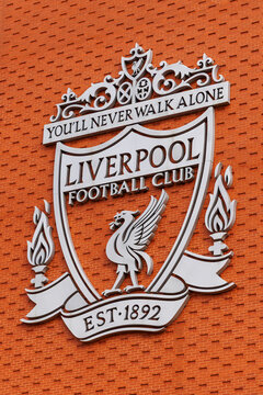 Liverpool, England - 10.08.2025: Detailed close-up of Liverpool Football Club crest on brick wall