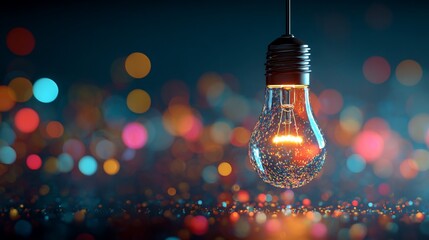 Lit bulb hangs amid bokeh orbs; dark teal backdrop evokes nighttime