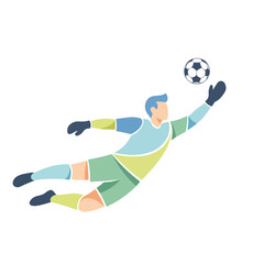 Illustration of a soccer goalkeeper diving to catch a ball in mid-air with a colorful uniform.