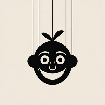 Black silhouette of a happy baby puppet face on strings