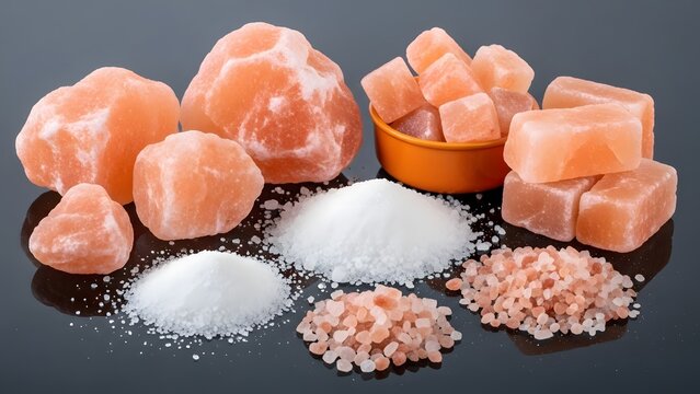 Variety of himalayan pink salt forms and textures on dark background - Powered by Adobe