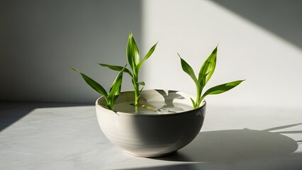 Small lucky bamboo plant in a modern white ceramic pot