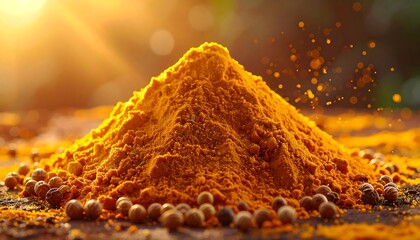 Turmeric powder pile with overhead sunlight