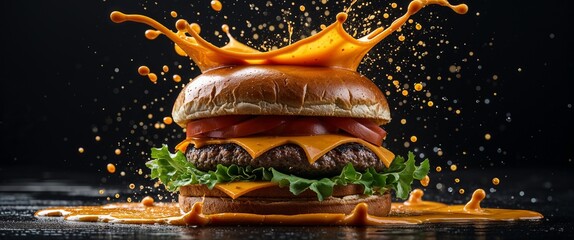 Amazing hamburger studio shot with sauce splash on black background featuring juicy beef patty cheese tomato lettuce and sesame seed bun for fast food lover 200c