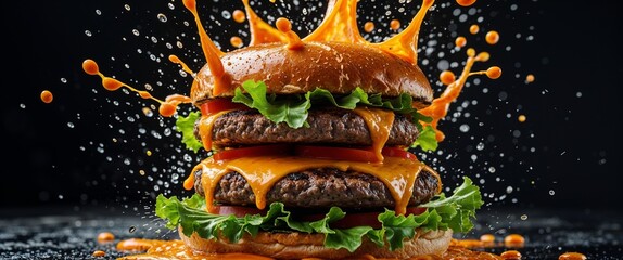 Double cheeseburger with sauce splash against black background featuring two juicy beef patties melted cheese tomato lettuce and sesame seed buns for hungry eaters 200c