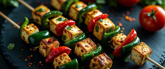 Delicious paneer tikka skewers indian appetizer with grilled cheese cubes green bell pepper and red pepper on dark stone plate perfect snack for vegetarians and foodies 200c