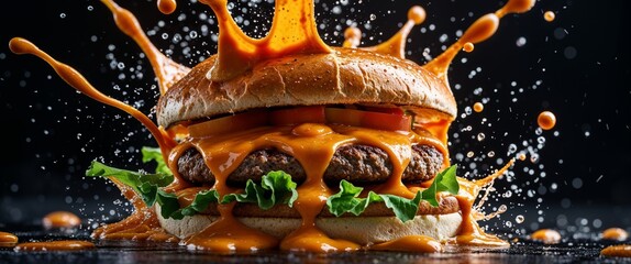 Delicious cheeseburger on dark backdrop with sauce splash featuring juicy beef patty melted cheese tomato lettuce and sesame bun for food bloggers and fast food 200c
