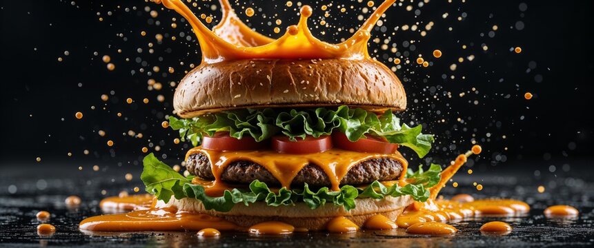 Delicious double cheeseburger with dripping sauce on black backdrop featuring juicy patties cheese slices tomato fresh lettuce and sesame seed bun for food ads 200c - Powered by Adobe