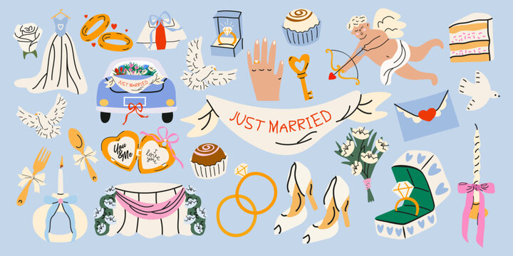 Vintage wedding stickers in cartoon doodle style. Marriage attributes, wedding decorations, engagement rings, romantic elements, bouquets. Wedding and love concepts. Vector illustrations