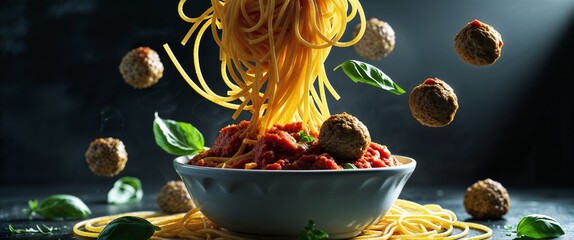 Bowl of Spaghetti with Meatballs and Tomato Sauce is Garnished with Basil Leaves Traditional Italian Dish Featuring Classic Combination of Flavors and Textures