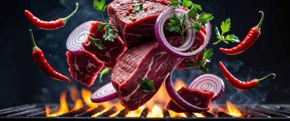 Juicy Beef Steak Cuts with Red Onions and Chili Peppers on Grill for Delicious Bbq Experience Perfect Grilling Outdoor Cooking Party Gourmet Food Prep Red Meat Sizzling Flame