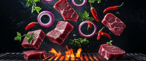 Fresh Raw Beef Cubes and Red Onion Rings Along with Green Parsley Sprigs and Spicy Chili Peppers are Levitating Above the Grill for Delicious BBQ