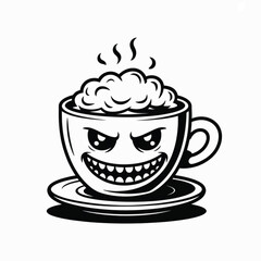 Evil Coffee Cup Character With Frothy Top saucer