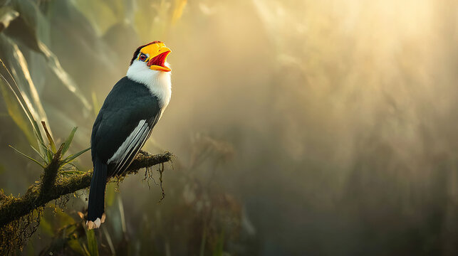 trumpet. Trumpet bird perched on a jungle branch at dawn, beak open, misty forest background. wildlife magazines, conservation campaigns, designed for wildlife conservation campaigns.

