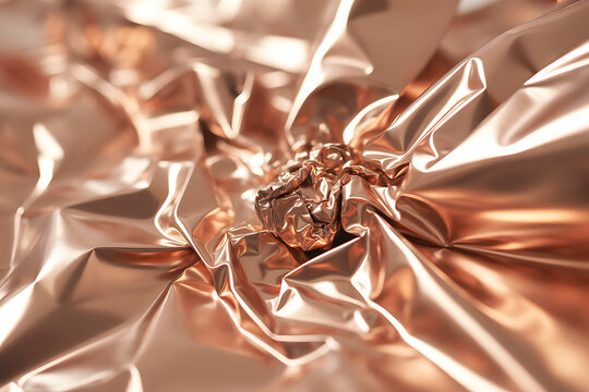 Shimmering rose gold metallic foil intricately crumpled around a textured central piece - Powered by Adobe
