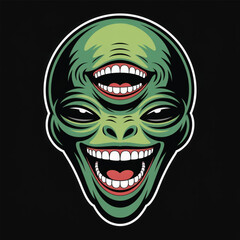 Green Alien Face with Multiple Eyes and Grinning Mouth