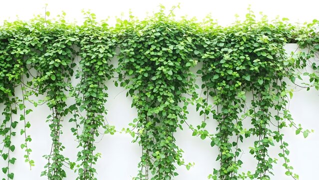 Lush green vines cascading down a white wall creating a natural backdrop