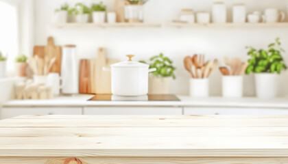 Empty Light Wooden Countertop with Blurred Modern Kitchen Interior and Green Plants Background Mockup
