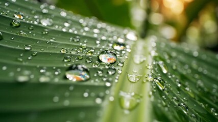 Vibrant green plant leaf with sparkling water drops and morning dew in macro view - Powered by Adobe