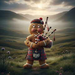 Traditional gingerbread piper with a focused look playing bagpipes while wearing a tartan kilt against a misty Scottish highlands landscape