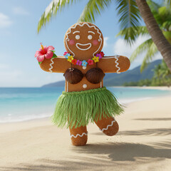 Fun gingerbread character with a cheerful expression dancing hula wearing a grass skirt and flower lei against a sunny tropical beach background