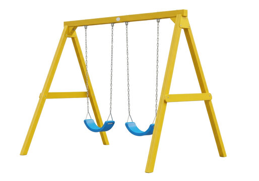 Isolated yellow swing set for kids, backyard playground equipment with blue swings