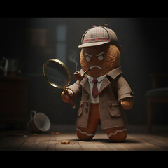 Mystery gingerbread detective with a suspicious frown holding a magnifying glass and smoking pipe against a dark room background with spilled coffee