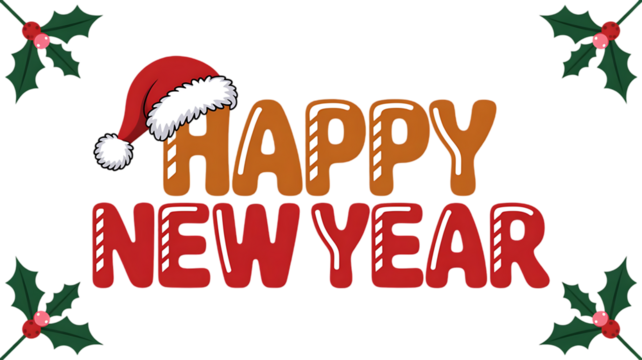 Happy new year gingerbread style lettering with festive holly