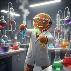 Ginger cookie scientist conducting chemistry experiment with smoking test tubes in laboratory setting