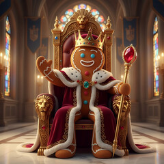 Royal gingerbread king sitting on throne wearing crown and red velvet robe holding scepter