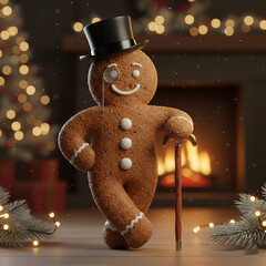 Sophisticated gingerbread gentleman wearing top hat and monocle leaning on cane by cozy fireplace