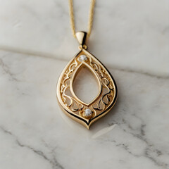 A stunningly crafted gold pendant, radiating luxury, features an intricate openwork design, enhanced by sparkling diamonds. The pendant delicately hangs on a slender chain.