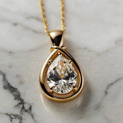 A stunning close-up captures the elegance of a gold necklace adorned with a radiant pear-shaped diamond pendant, resting delicately against a luxurious marble surface.