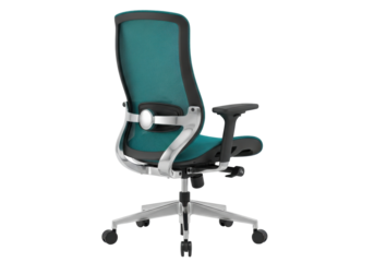 Isolated teal office chair, adjustable ergonomic seating for computer desk, no background
