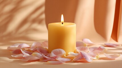 Lit candle surrounded by scattered pale pink rose petals