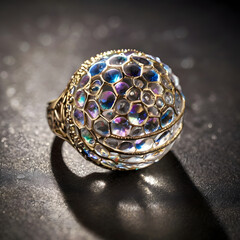 An ornate golden ring, adorned with radiant gemstones, casts a captivating shadow, a symbol of luxury and timeless elegance.