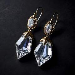 Close-up shot of elegant, ornate earrings with brilliant, clear gemstones, capturing the intricate detail and timeless beauty of fine jewelry.