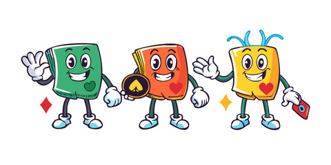 Playing cards characters. Deck of playing cards for poker and casino. Groovy mascot with gloved hands. Gambling bright vector poster
