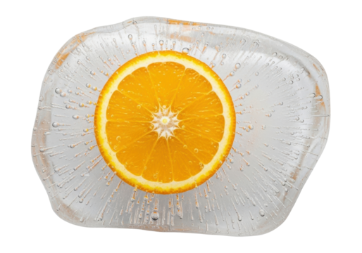Isolated orange slice frozen in clear ice block for summer drink or dessert recipes