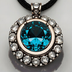 A exquisite gemstone pendant on a refined chain, its brilliant turquoise stone, encircled by sparkling accents, gleams elegantly. The luxurious necklace catches the light, exuding luxury and style.
