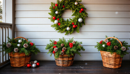 Beautifully arranged wreath and wicker baskets with greenery and ornaments on a porch