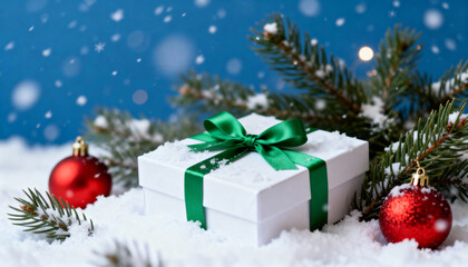 Christmas Gift Box with Green Ribbon in Snow