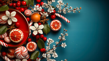 Festive Arrangement of Candies, Fruits, and Flowers on a Blue Backdrop for Holiday Celebrations
