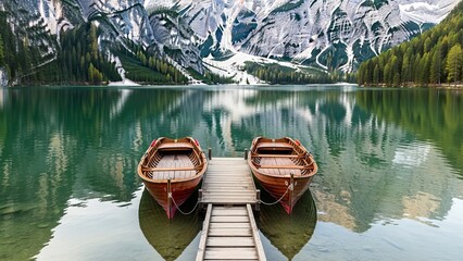 Experience the serenity of boats resting on a tranquil lake with majestic mountain reflections